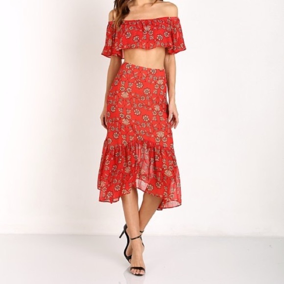 For Love & Lemons Pia Midi Skirt in Red (15) - Picture 4 of 6